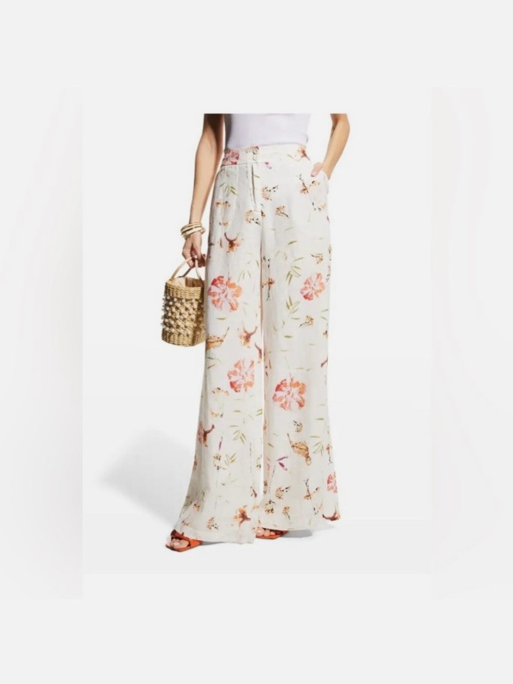 120% Lino Floral-Print High-Waist Linen Pants 100% Linen size 44 US 8